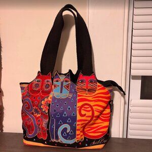 Laurel Burch Medium Tote Zipper Top -Tres Gatos - Red, Orange & Blue